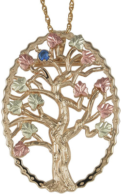 Sapphire Tree Pendant Necklace, 10k Yellow Gold, 12k Green and Rose Gold Black Hills Gold Motif, 18"