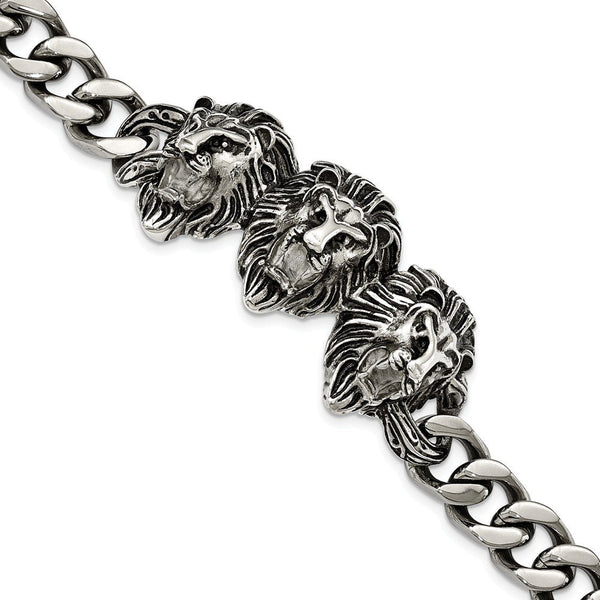 Men's Polished Stainless Steel Antiqued Lion Head Link Bracelet, 8.5"