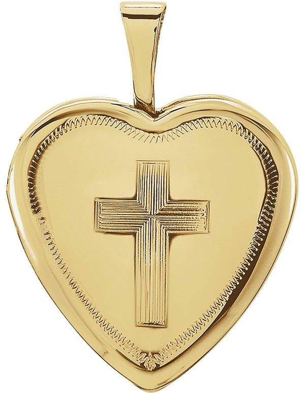 Diamond-Cut Heart with Cross 14k Yellow Gold Locket Pendant (16X15.75 MM)