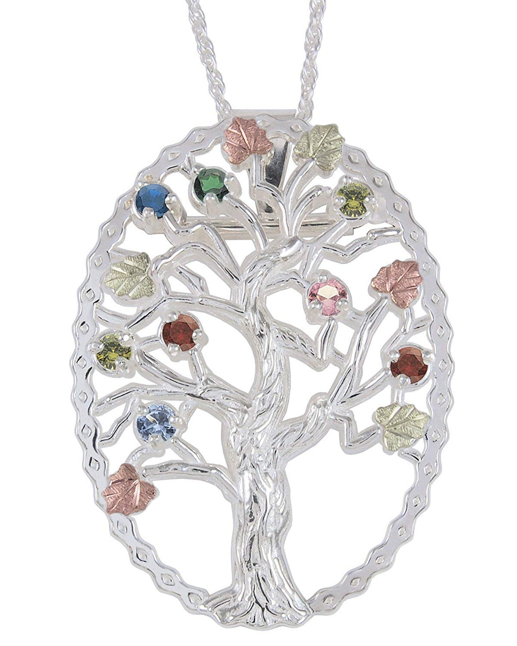 Multi Gemstone Tree Pendant Necklace, Sterling Silver, 12k Green and Rose Gold Black Hills Gold Motif, 18"