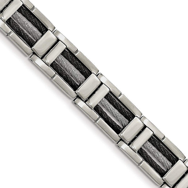 Men's Polished Stainless Steel Black IP Plated Cable Link Bracelet, 8.5"
