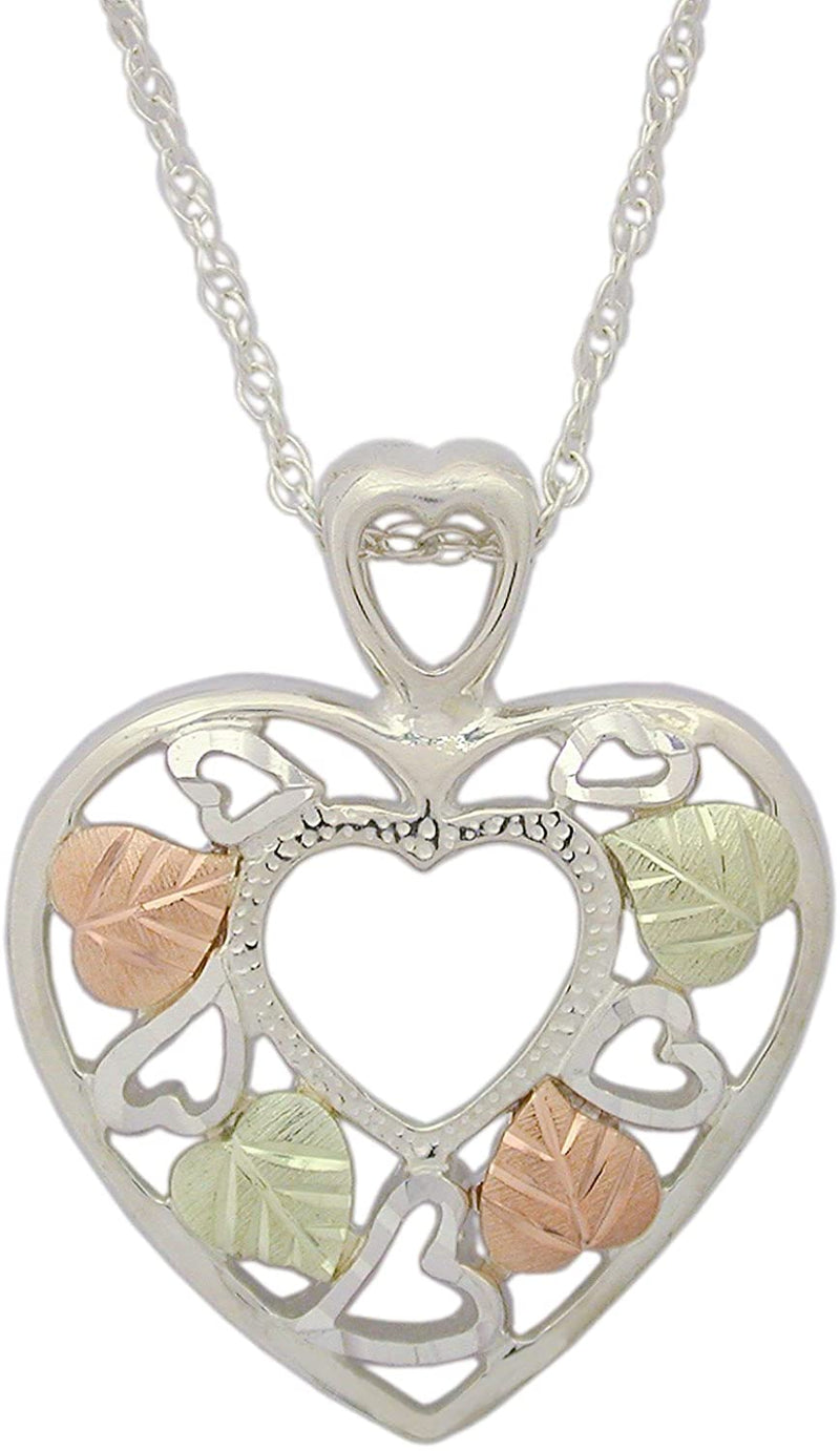Heart Pendant Necklace, Sterling Silver, 12k Green and Rose Gold Black Hills Gold Motif, 18''