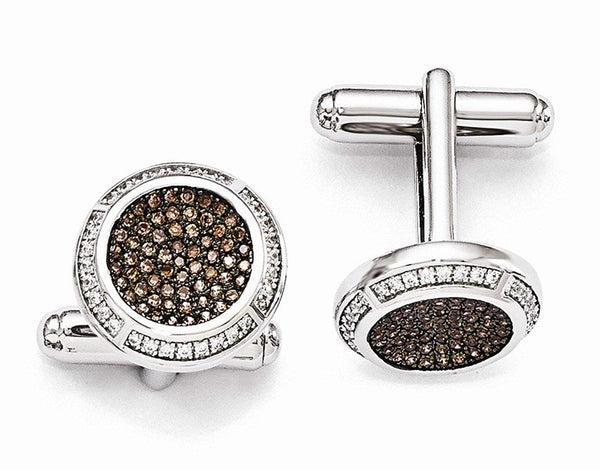 Rhodium-Plated Sterling Silver, Pave Brown Cubic Zirconia Brilliant Embers Coin Cuff Links, 16MM