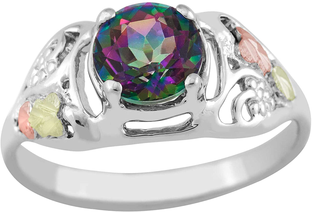 Mystic Fire Topaz Ring, Sterling Silver, 12k Green and Rose Gold Black Hills Gold Motif, Size 9.25