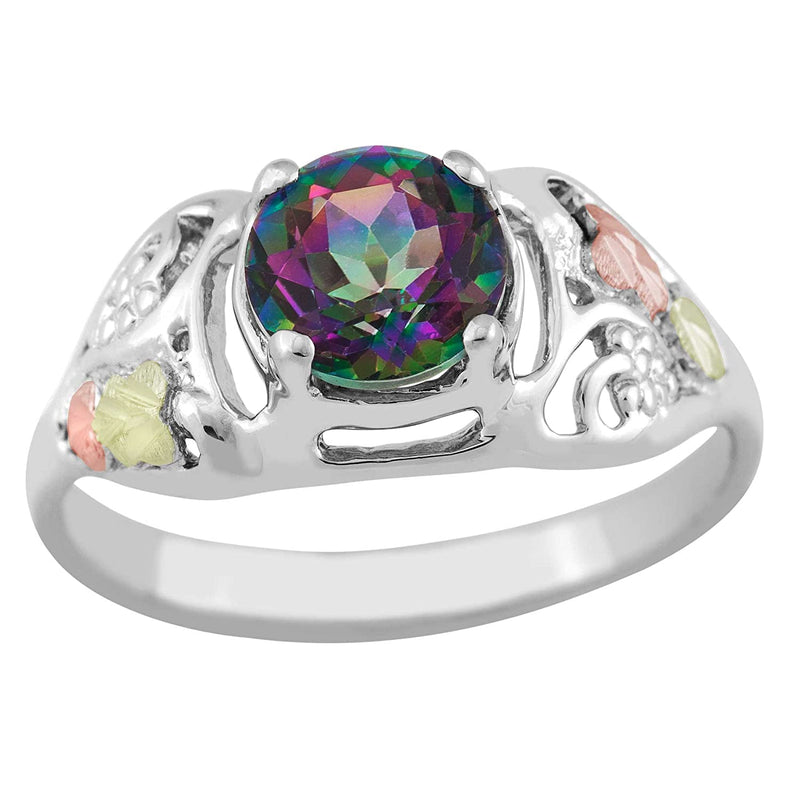 Mystic Fire Topaz Ring, Sterling Silver, 12k Green and Rose Gold Black Hills Gold Motif
