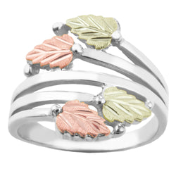 Twin Bypass Layered Vines Ring, Sterling Silver, 10k Yellow Gold, 12k Green and Rose Gold Black Hills Gold Motif