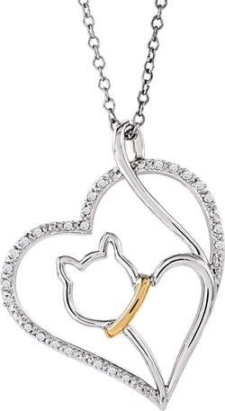 Cat Lover's Diamond Heart Necklace, Sterling Silver and 10k Yellow Gold Necklace, 18" with Charm Pet Collar Tag