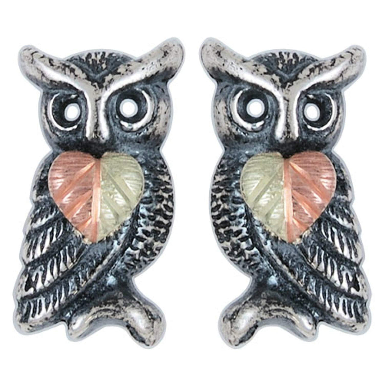 Oxidized Owl Leaf Earrings, Sterling Silver, 12k Green and Rose Gold Black Hills Gold Motif