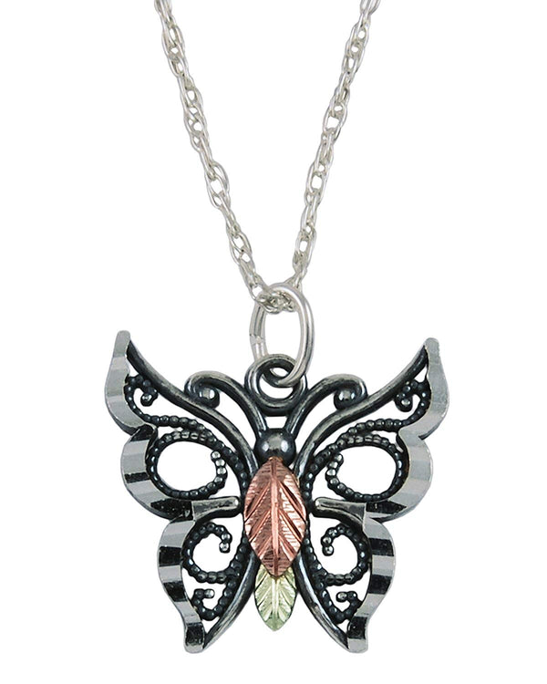 Butterfly Antiqued Pendant Necklace, Sterling Silver, 12k Green and Rose Gold Black Hills Gold Motif, 18''