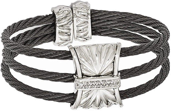 Black Titanium Memory Cable .35 Ctw White Sapphire Argentium Sterling Silver 12mm Flex Cuff Bracelet, 6"