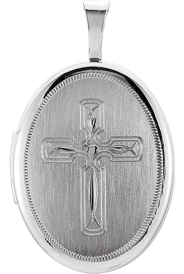 Oval Cross Satin-Brushed Sterling Silver Locket Pendant (19.20X15.00 MM)