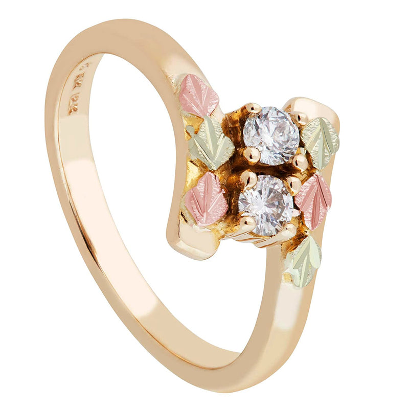 Ave 369 Diamond Slim Profile Bypass Ring, 10k Yellow Gold, 12k Green and Rose Gold Black Hills Gold Motif (.2 Ctw)