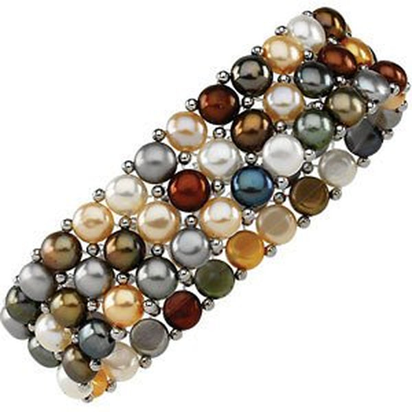 Earthtone Multi-Color Freshwater Cultured Pearl 3-Strand Stretch Bracelet, 6"-8" (5.5-6.0MM)