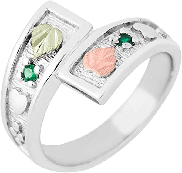 May Birthstone Created Soude Emerald Bypass Ring, Sterling Silver, 12k Green and Rose Gold Black Hills Silver Motif, Size 6