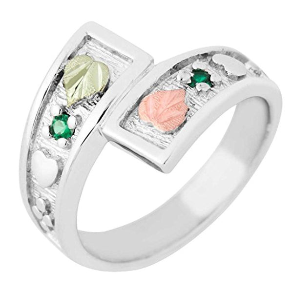 May Birthstone Created Soude Emerald Bypass Ring, Sterling Silver, 12k Green and Rose Gold Black Hills Silver Motif, Size 8.5