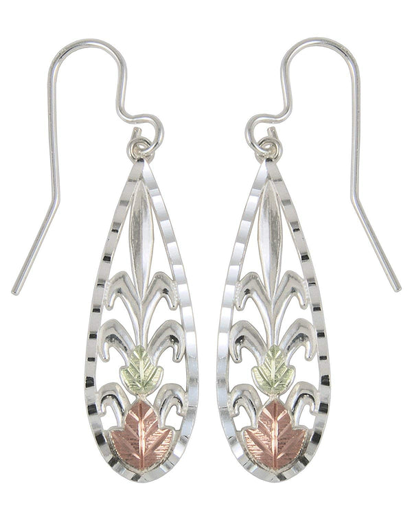 Black Hills Gold Teardrop Dangle Earrings, Sterling Silver, 12k Green and Rose Gold