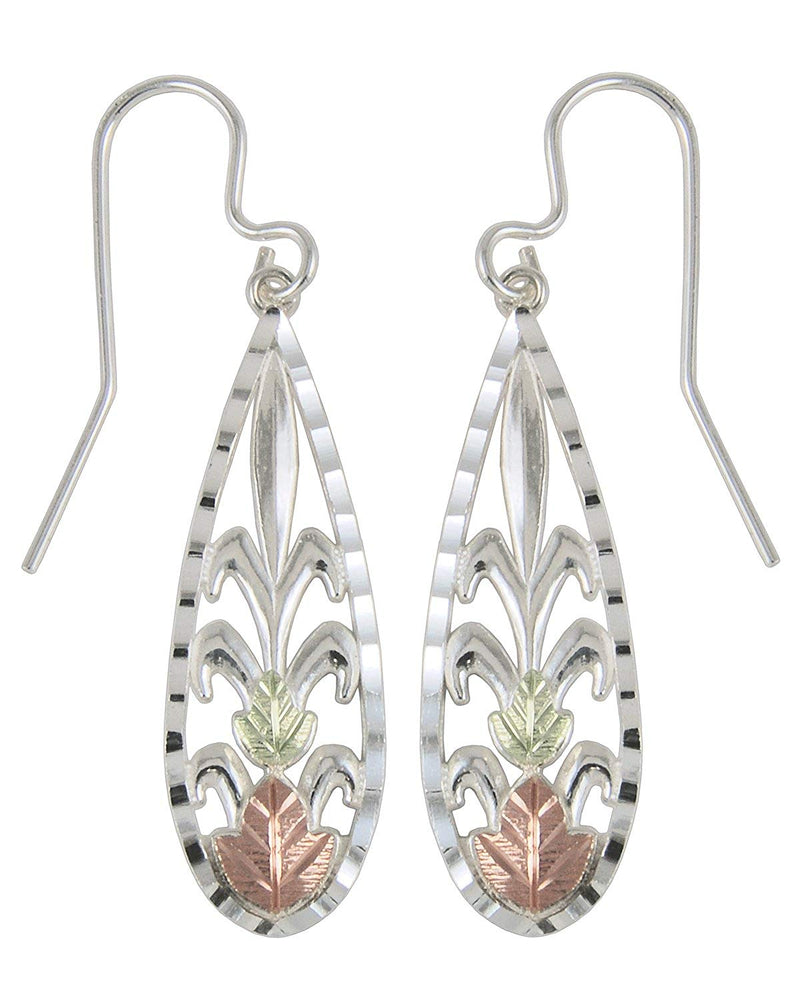 Black Hills Gold Teardrop Dangle Earrings, Sterling Silver, 12k Green and Rose Gold