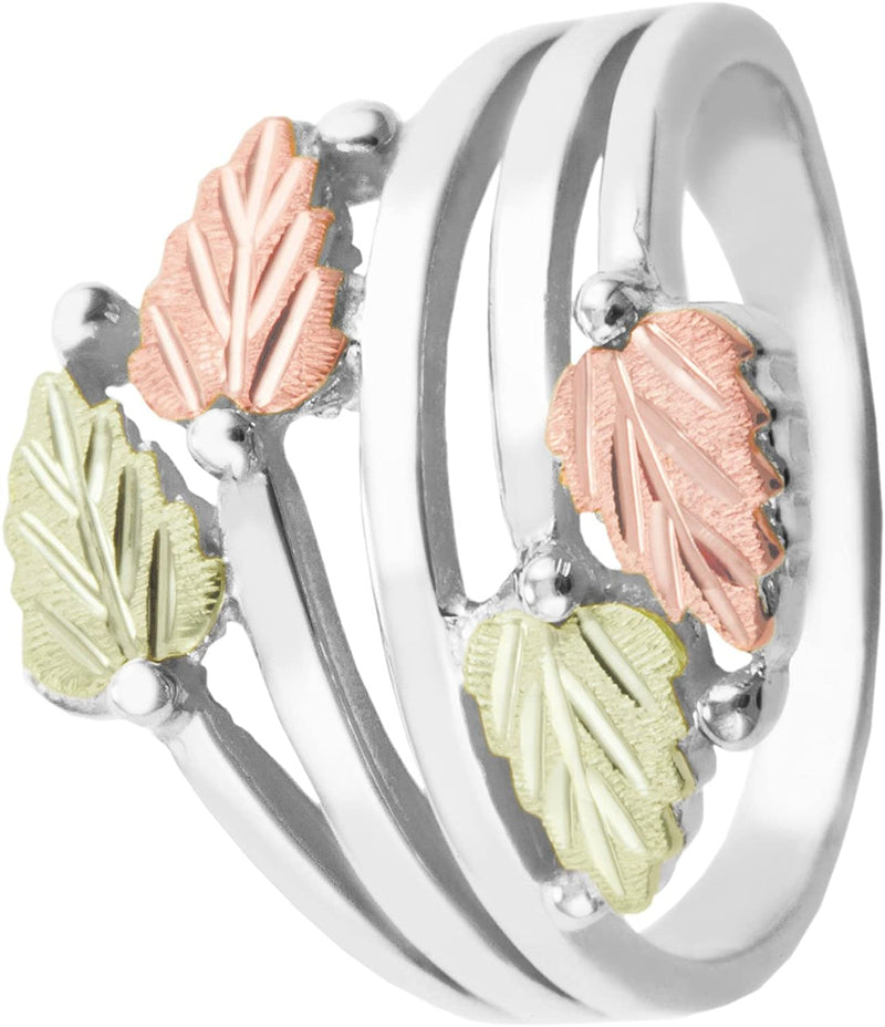 Twin Bypass Layered Vines Ring, Sterling Silver, 10k Yellow Gold, 12k Green and Rose Gold Black Hills Gold Motif, Size 8.75
