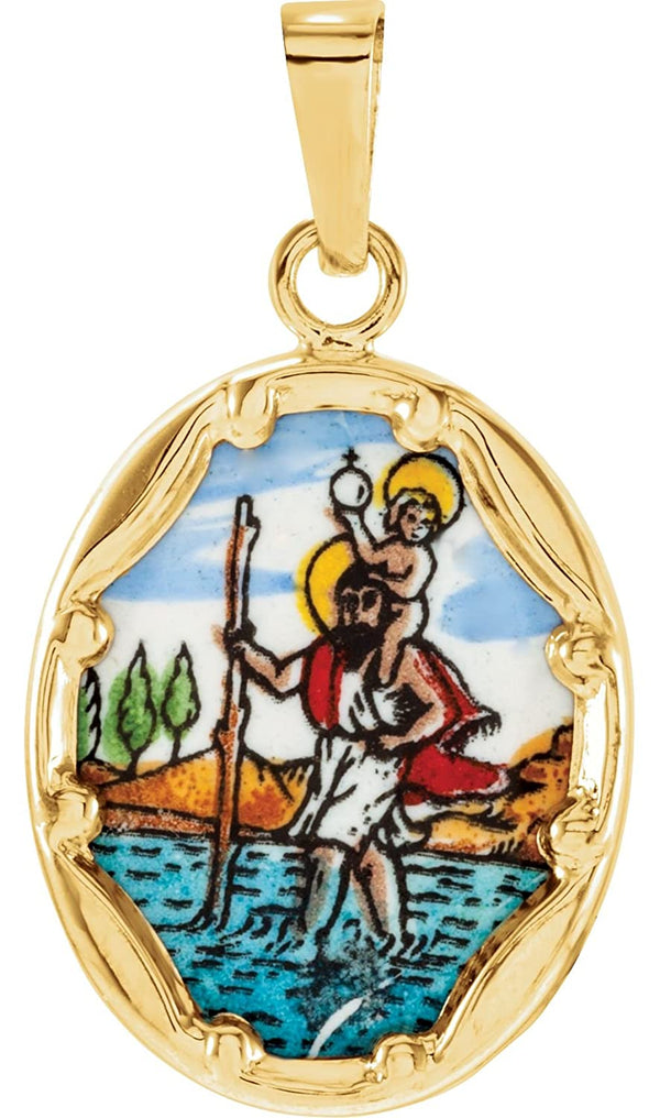 14k Yellow Gold St. Christopher Hand-Painted Porcelain Medal Pendant (13x10 MM)