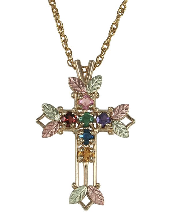 Amethyst, Sapphire, Citrine, Garnet, Emerald and Pink Tourmaline Pointed Cross Pendant Necklace, 10k Yellow Gold, 12k Green and Rose Gold Black Hills Gold Motif, 18"