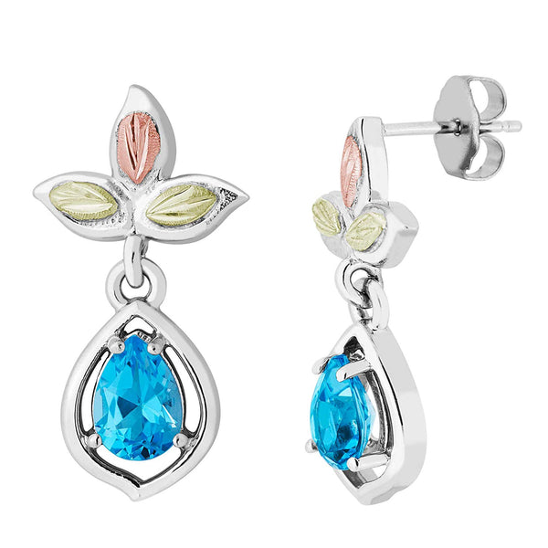 Inlaid Pear Blue Topaz Earrings, Sterling Silver, 12k Green and Rose Gold Black Hills Gold