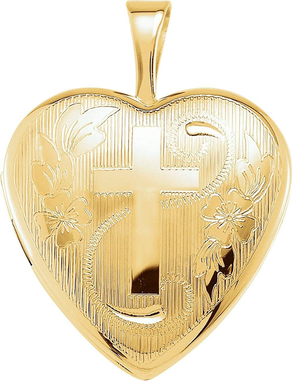 Floral Design Heart with Cross 14k Yellow Gold Plated Sterling Silver Locket Pendant (17.90X12.20 MM)