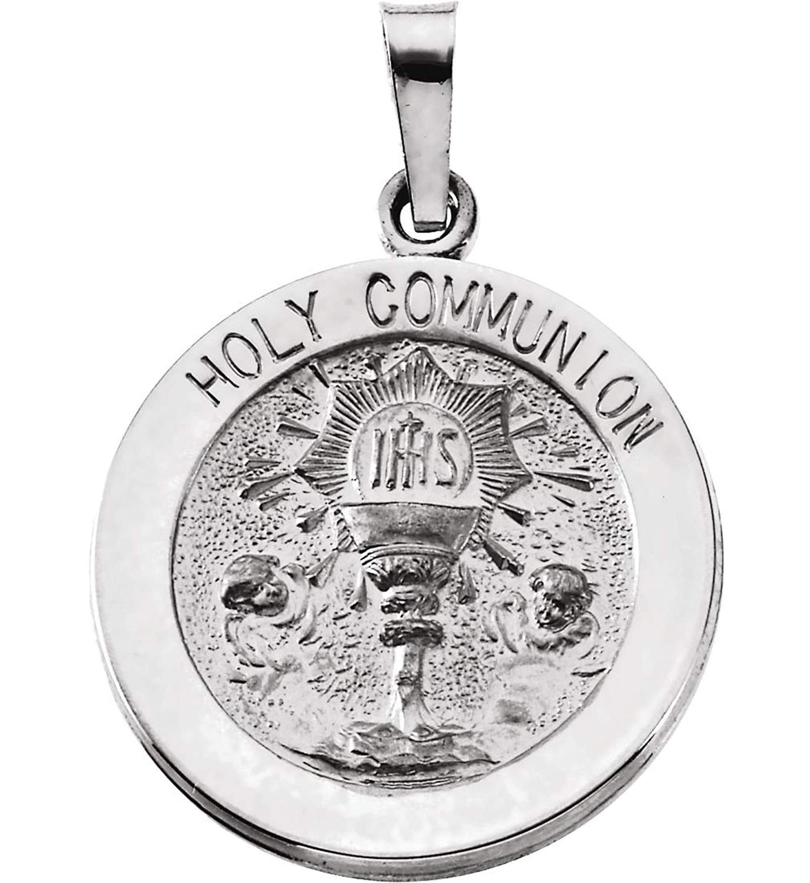 Sterling Silver Round Holy Communion Medal with Chain Necklace, 18" (18x18 MM)