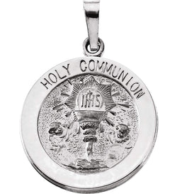 Sterling Silver Round Holy Communion Medal with Chain Necklace, 18" (18x18 MM)
