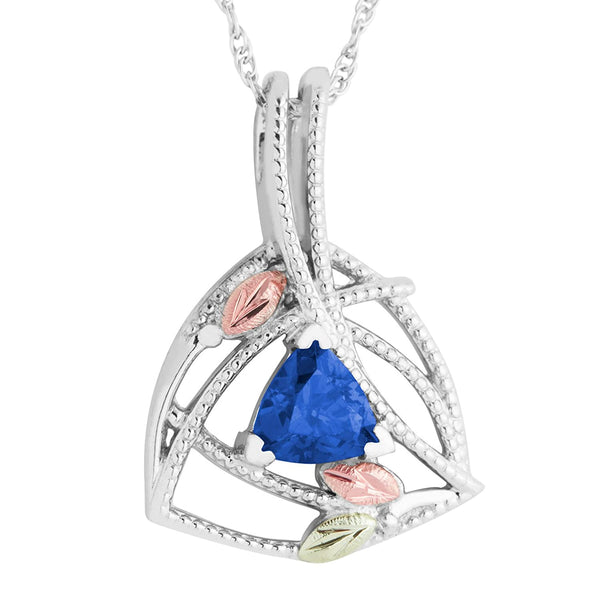 Trillion-Cut Blue Sapphire Pendant Necklace, Sterling Silver, 12k Green and Rose Gold Black Hills Gold Motif, 18"