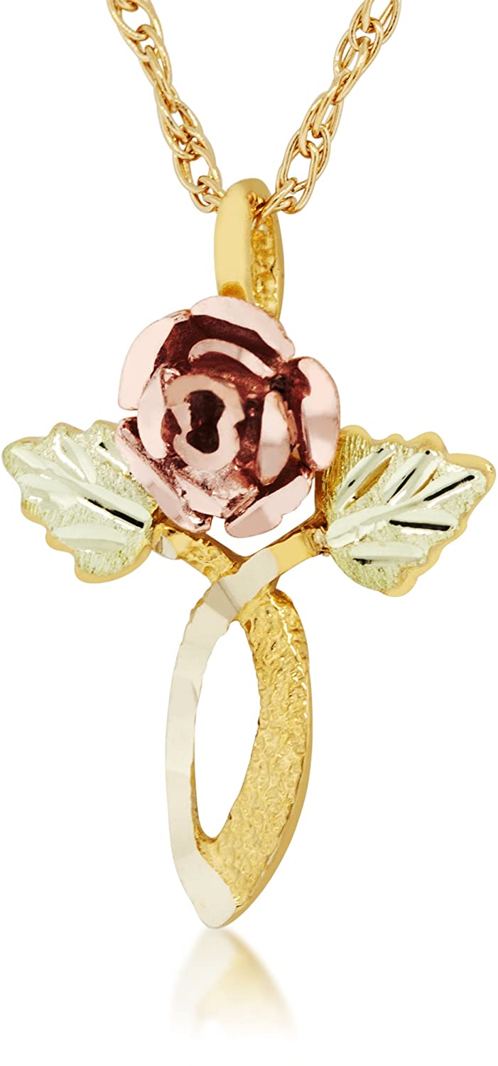 Ave 369 3D Rose Flower Leaf Cross Pendant Necklace, 10k Yellow Gold, 12k Green and Rose Gold Black Hills Gold Motif, 18"