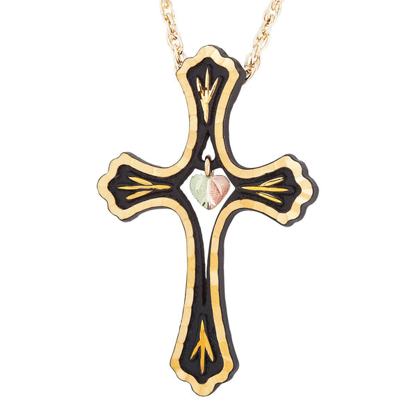 Black Cross Pendant Necklace, 10k Yellow Gold, 12k Green and Rose Gold Black Hills Gold Motif, 20"