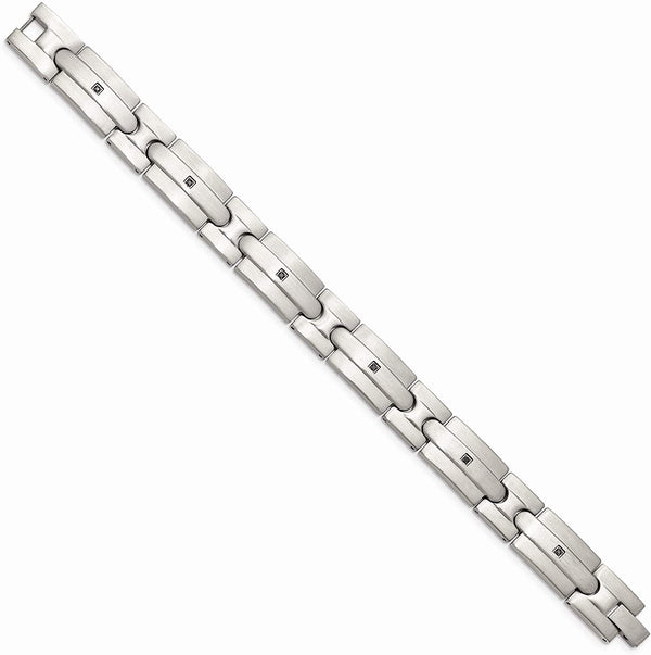 Men's Brushed Stainless Steel 12mm Black CZ Bracelet, 8.25 Inches