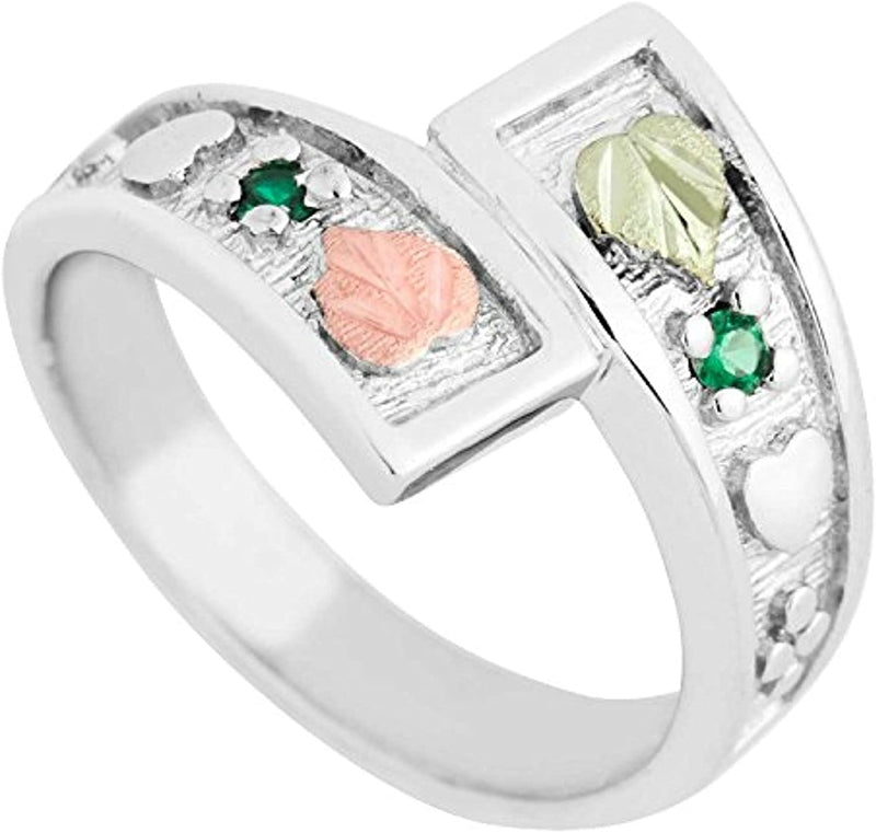 May Birthstone Created Soude Emerald Bypass Ring, Sterling Silver, 12k Green and Rose Gold Black Hills Silver Motif, Size 6