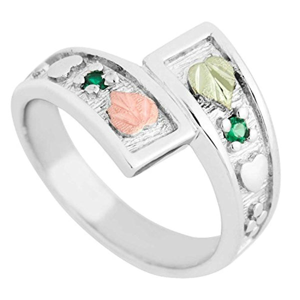May Birthstone Created Soude Emerald Bypass Ring, Sterling Silver, 12k Green and Rose Gold Black Hills Silver Motif, Size 8