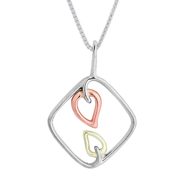 Artists Square and Leaf Pendant Necklace, Rhodium Plated Sterling Silver, 10k Green and Rose Gold, 18" to 22"