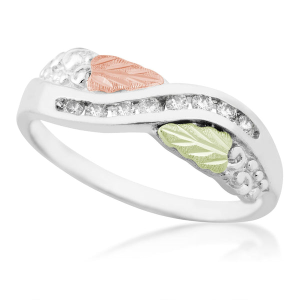 Slim Profile Diamond Ring, Sterling Silver, 12k Green and Rose Gold Black Hills Gold Motif, (.16 Ctw)