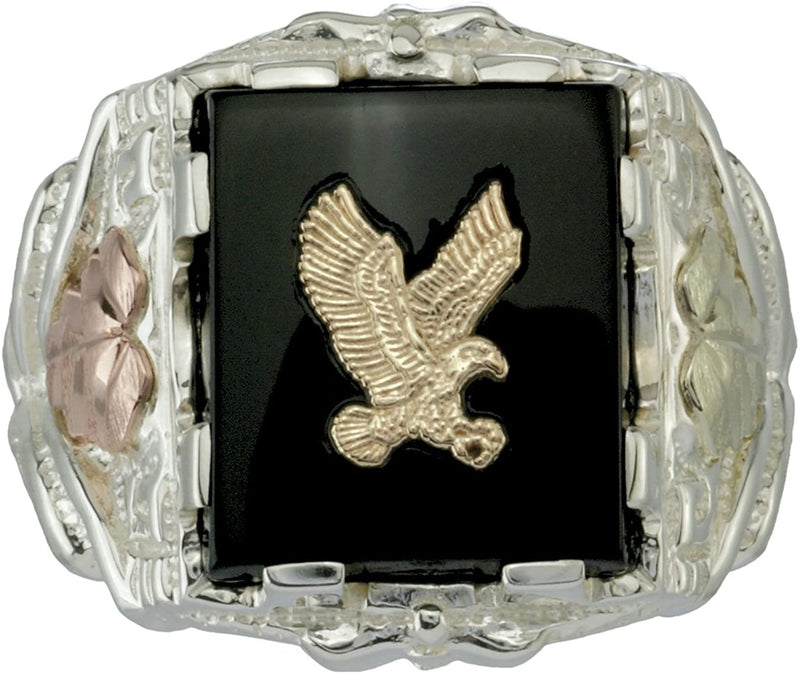 Men's Onyx Eagle Ring, 10k Yellow Gold, Sterling Silver, 12k Green and Rose Gold Black Hills Gold Motif, Size 12