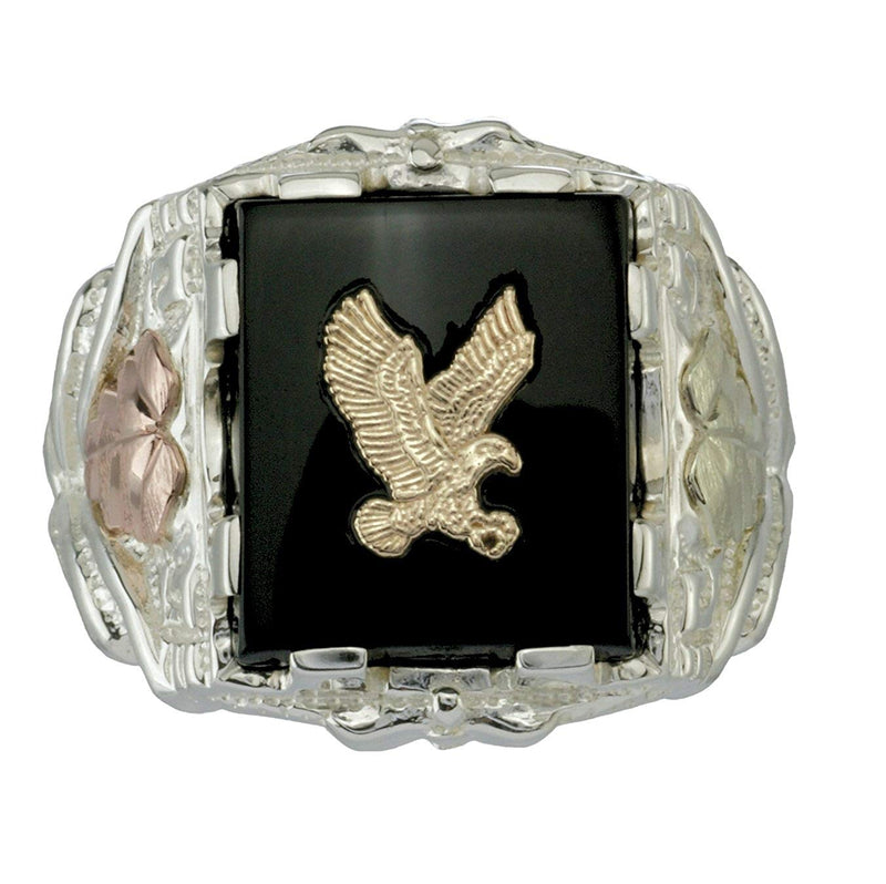 Men's Onyx Eagle Ring, 10k Yellow Gold, Sterling Silver, 12k Green and Rose Gold Black Hills Gold Motif