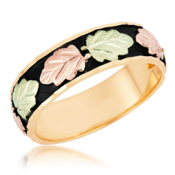 Men's Antiqued Wedding Band, 10k Yellow Gold, 12k Pink and Green Gold Black Hills Gold Motif