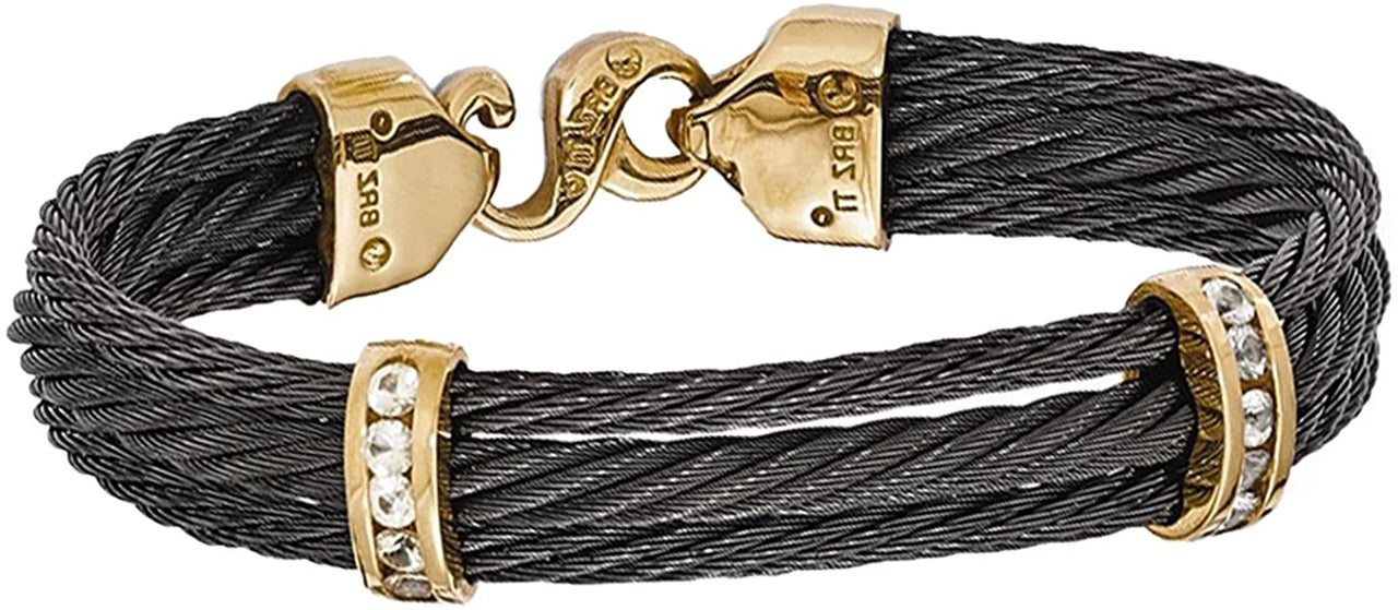 Triple Strand Black Titanium Memory Cable, Bronze 1.40 Ctw White Sapphire Flex Cable Bracelet, 7"