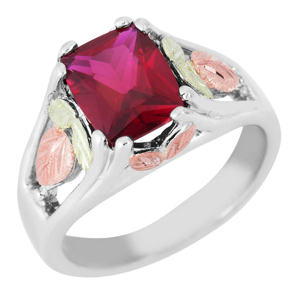 January Birthstone Created Garnet Ring, Sterling Silver, 12k Green and Rose Gold Black Hills Silver Motif, Size 4