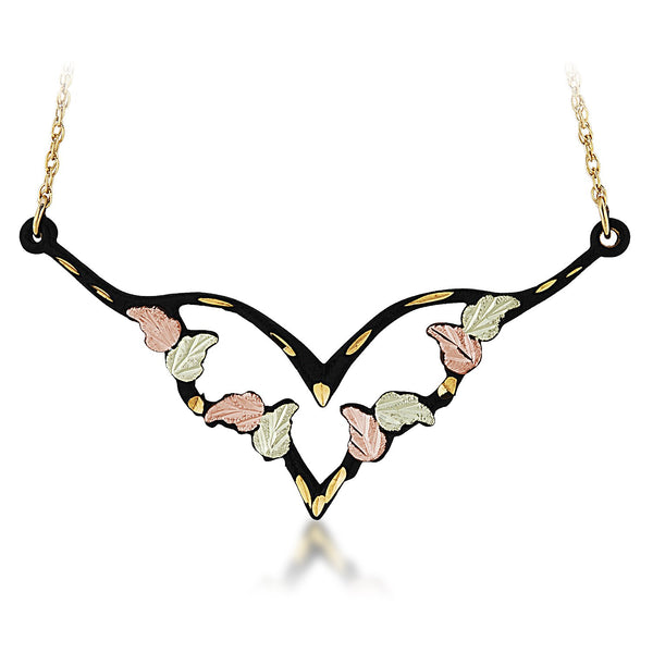 Black Powder Coated Heart Pendant Necklace, 10k Yellow Gold, 12k Green and Rose gold Black Hills Gold Motif, 18"