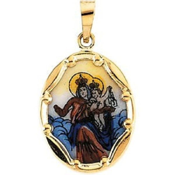 14k Yellow Gold Hand Painted Porcelain Scapular Pendant (13x10 MM)