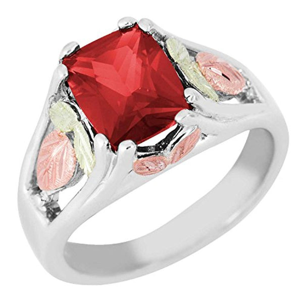 July Birthstone Created Ruby Ring, Sterling Silver, 12k Green and Rose Gold Black Hills Silver Motif, Size 9.5