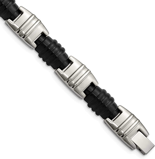 Men's Brushed and Polished Stainless Steel, Black IP Link Bracelet 8.25 Inches