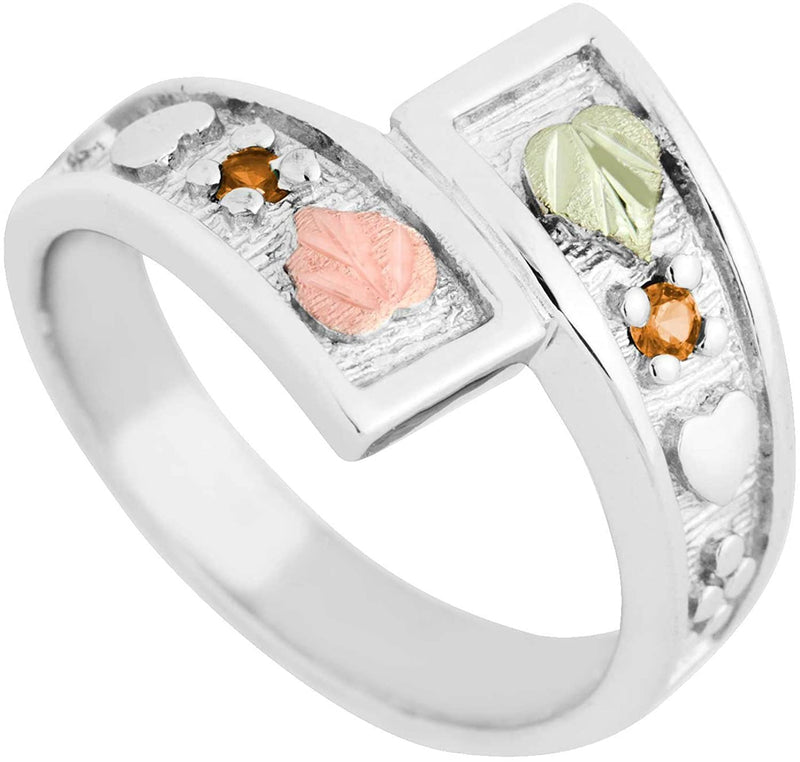 November Birthstone Created Gold Topaz Bypass Ring, Sterling Silver, 12k Green and Rose Gold Black Hills Silver Motif, Size 7