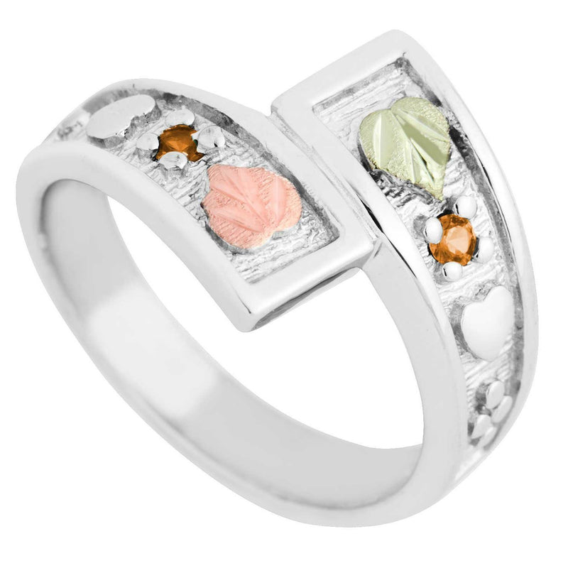 November Birthstone Created Gold Topaz Bypass Ring, Sterling Silver, 12k Green and Rose Gold Black Hills Silver Motif
