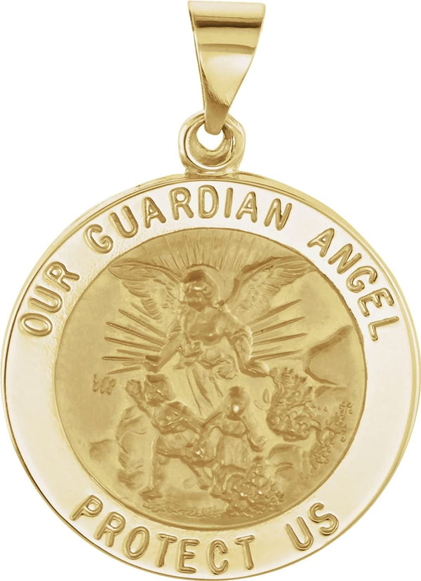 14k Yellow Gold Round Hollow Guardian Angel Medal (21.75 MM)