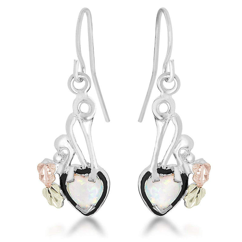 Ave 369 Created Opal Heart Antique Earrings, Sterling Silver, 12k Green Gold and Rose Gold Black Hills Gold Motif