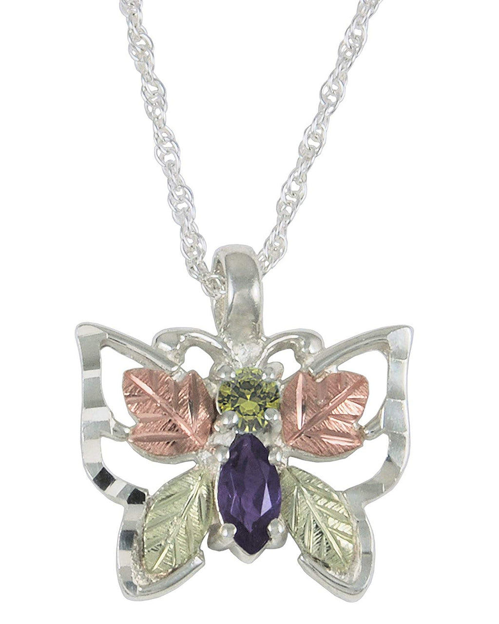 Peridot and Amethyst Butterfly Necklace, Sterling Silver, 12k Green and Rose Gold Black Hills Gold Motif, 18''